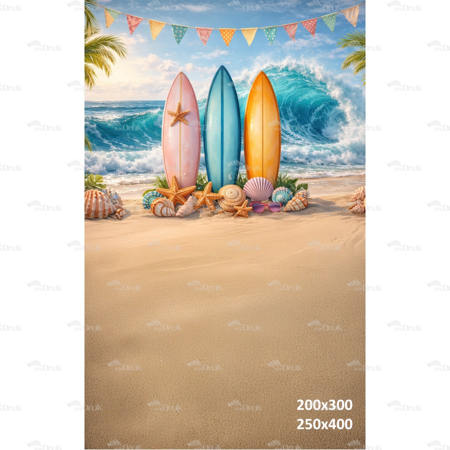 Tło fotograficzne „Kolorowe deski surfingowe z muszlami i falą oceanu” | 4057